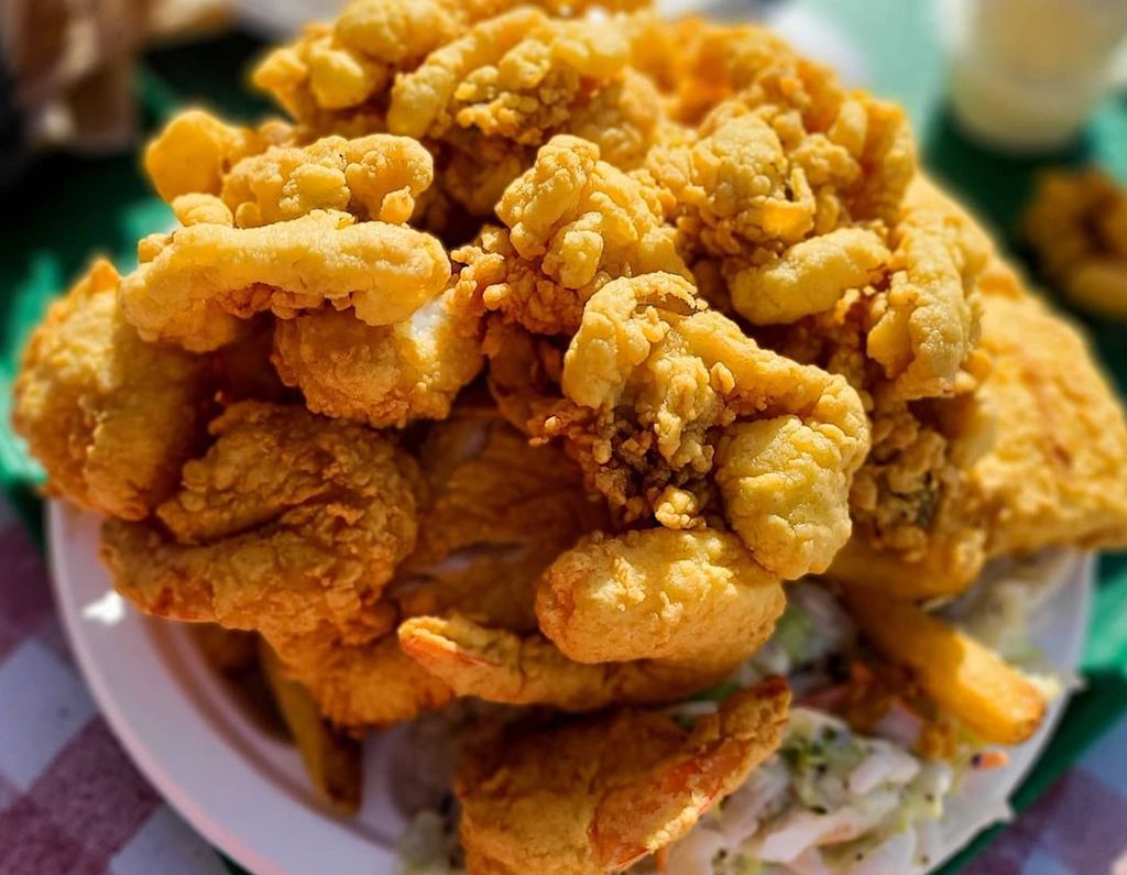 Heaping plate of fried seafood